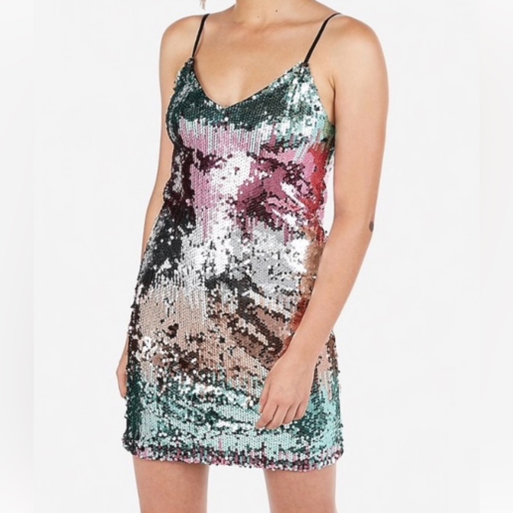 Express Gradient Color Sequin Mini Dress Ombre Holiday Party Festive. Sz M. NWT!